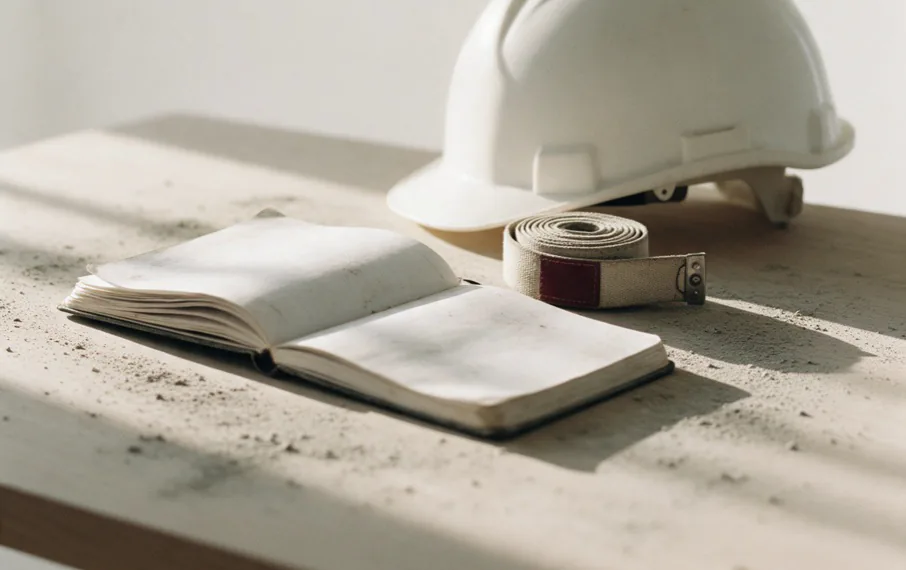 Un carnet de chantier ouvert, un mètre et un casque sur une table de réunion