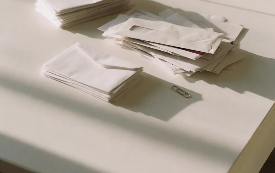 Une pile d'enveloppes en cours de tri sur une table