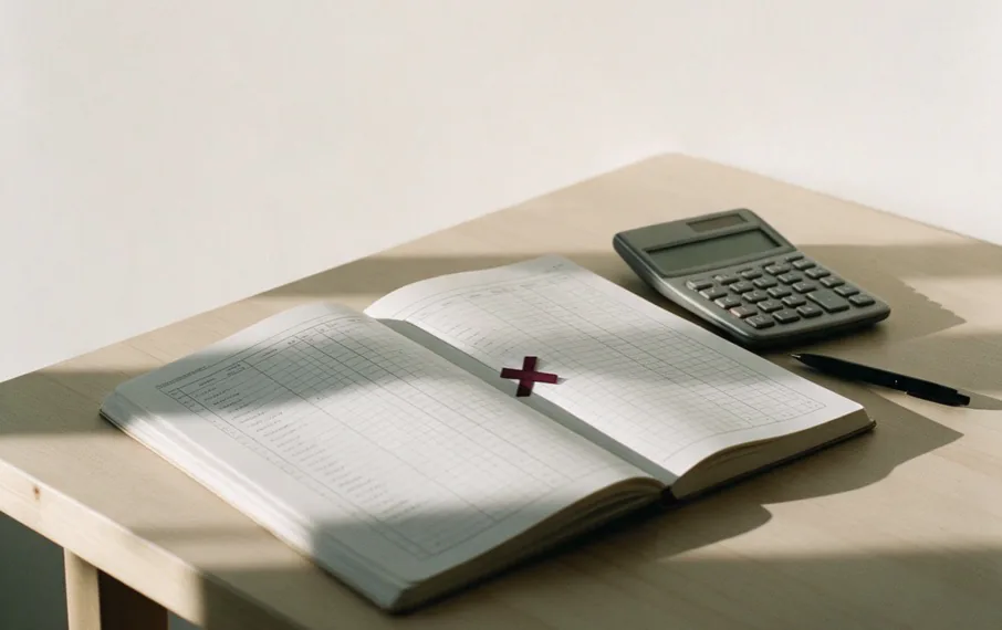 Un carnet à colonnes ouvert et une calculatrice de bureau