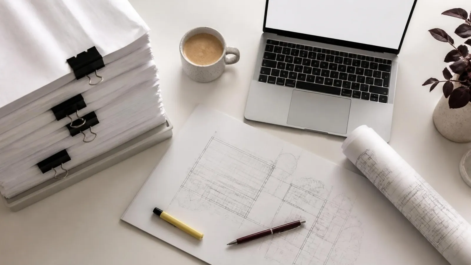 Bureau d'architecte vu de dessus : piles de pièces d'un dossier de consultation, plans roulés, ordinateur portable et surligneur.