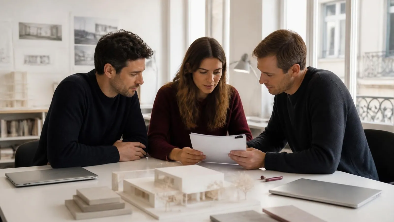 Trois architectes relisent ensemble un court document imprimé autour d'une table d'agence, devant une maquette blanche.