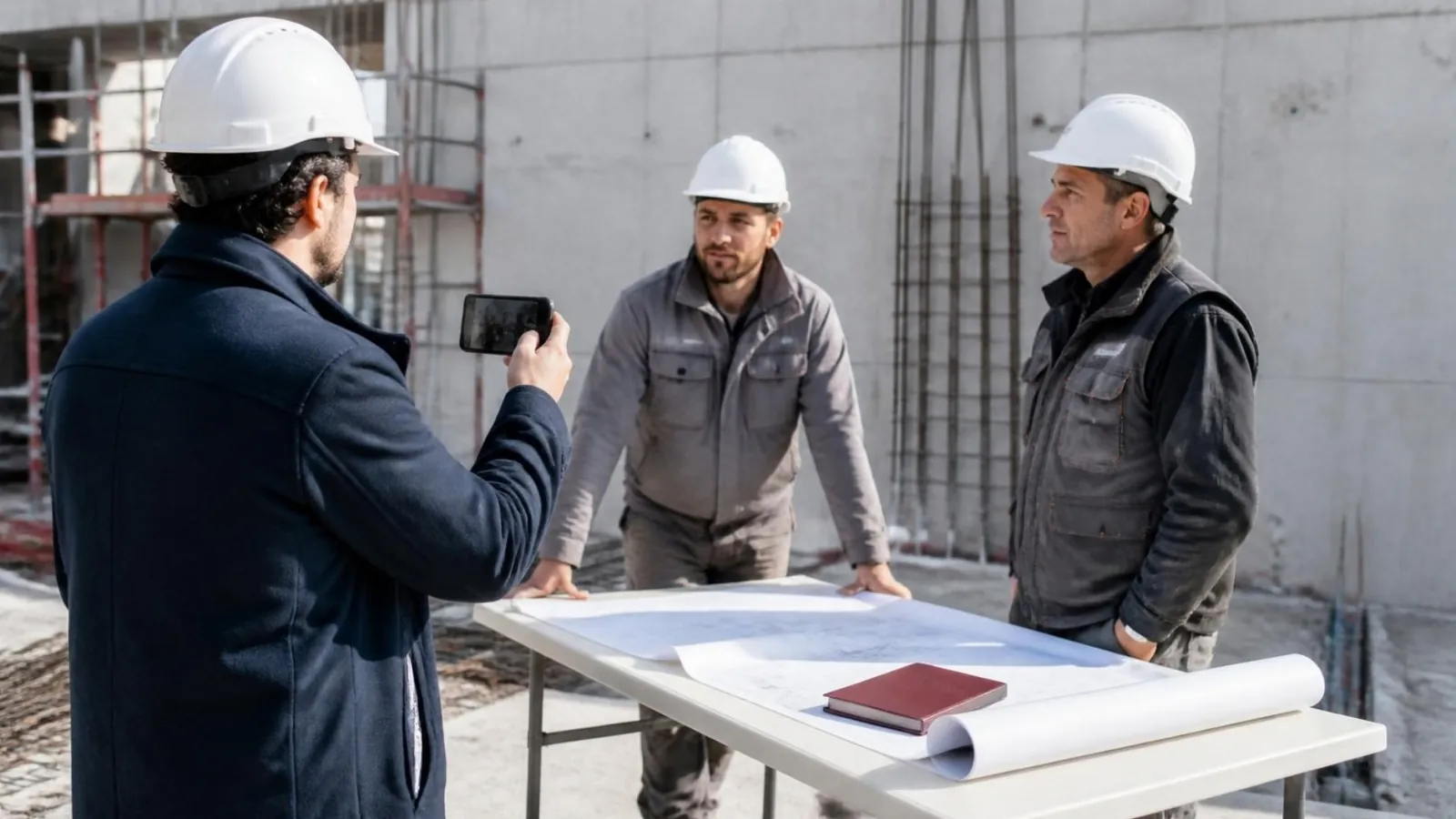 Réunion de chantier : un architecte enregistre l'échange au téléphone avec deux entrepreneurs, devant un mur en béton.