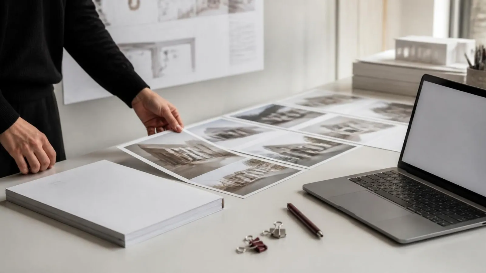 Architecte qui dispose des fiches de références de projets à côté d'un mémoire relié et d'un ordinateur portable.