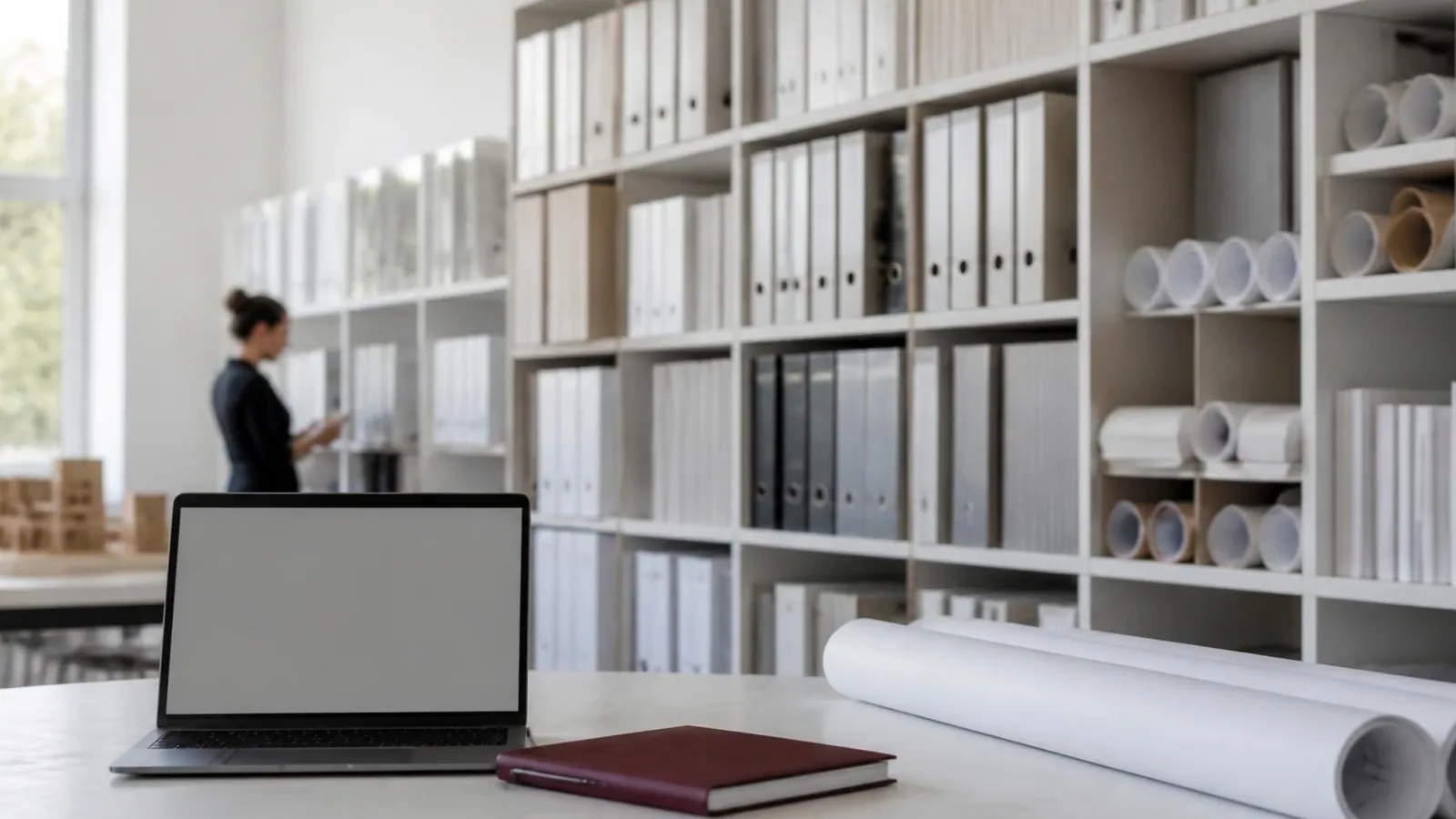 Rayonnages de classeurs de projets dans une agence, un ordinateur portable ouvert sur la table devant.