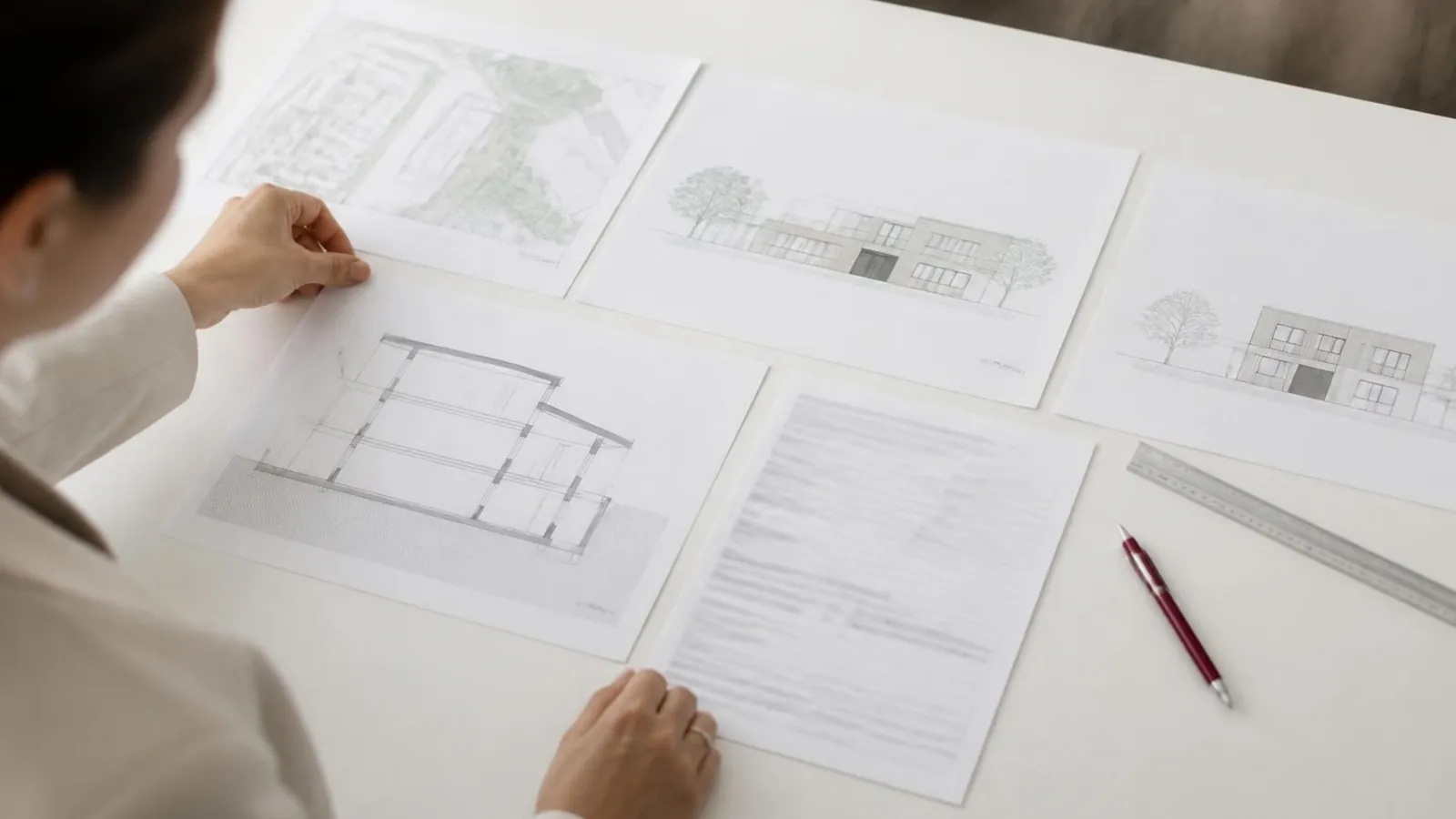 Architecte qui contrôle les pièces d'un dossier de permis de construire étalées sur une table, plans et formulaire à côté.
