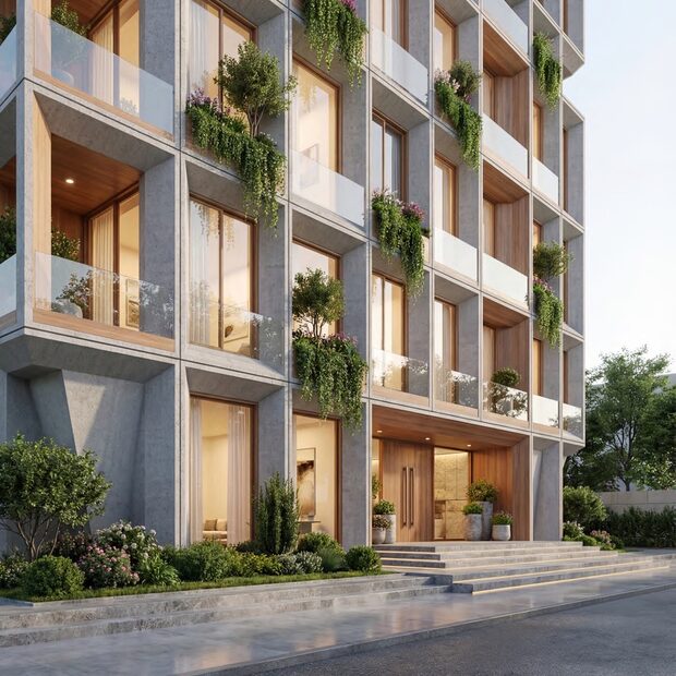La même modélisation avec des façades plantées. Le contexte est fabriqué pour l'exemple